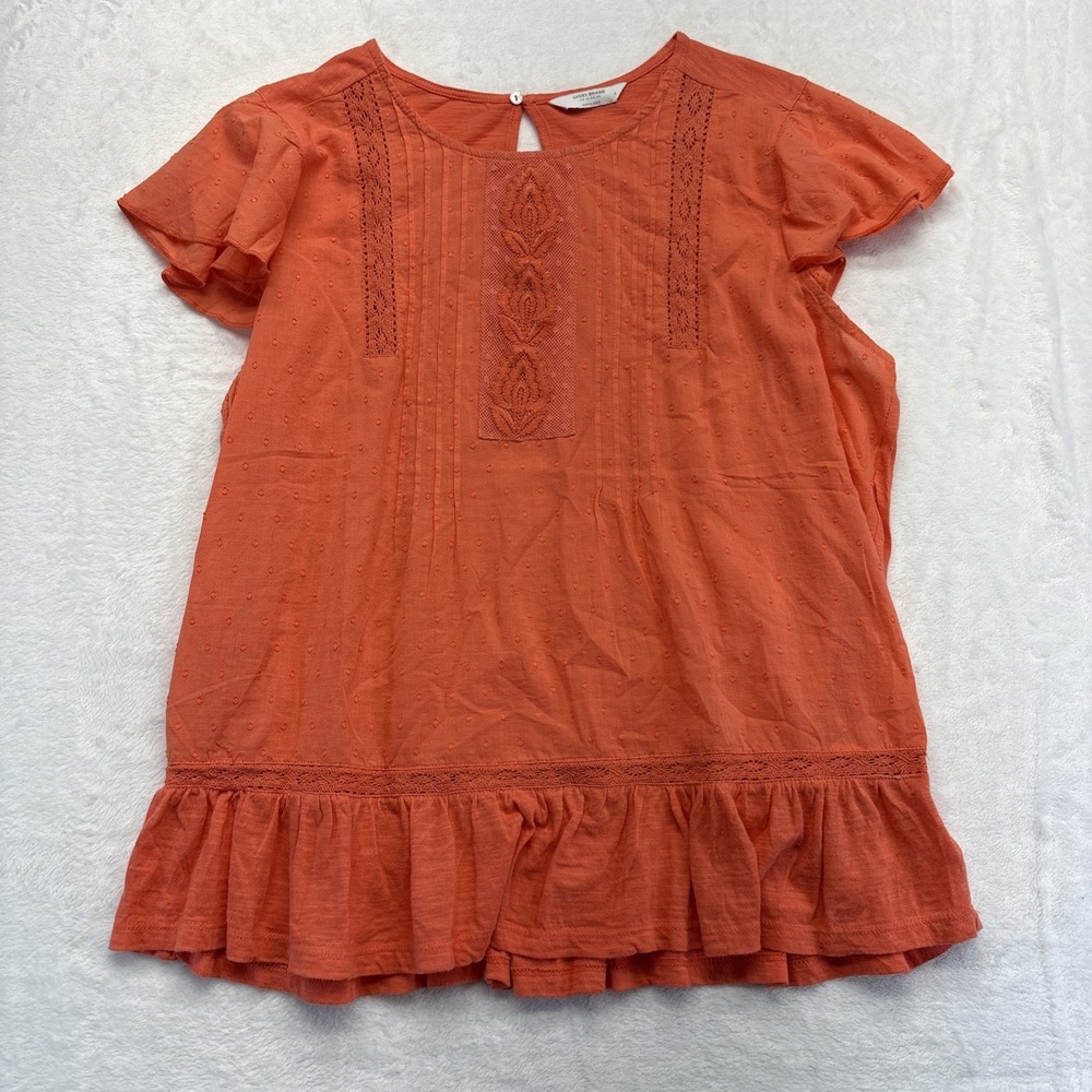 Lucky Brand Shirt Womens Large Orange Crochet Inset Cap Sleeve Back Button